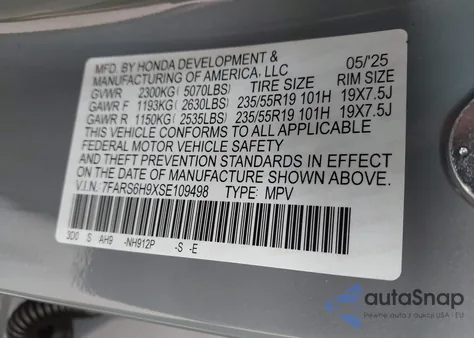 2025 Honda Cr-V Hybrid Sport Touring from USA, damaged, VIN 7FARS6H9XSE109498